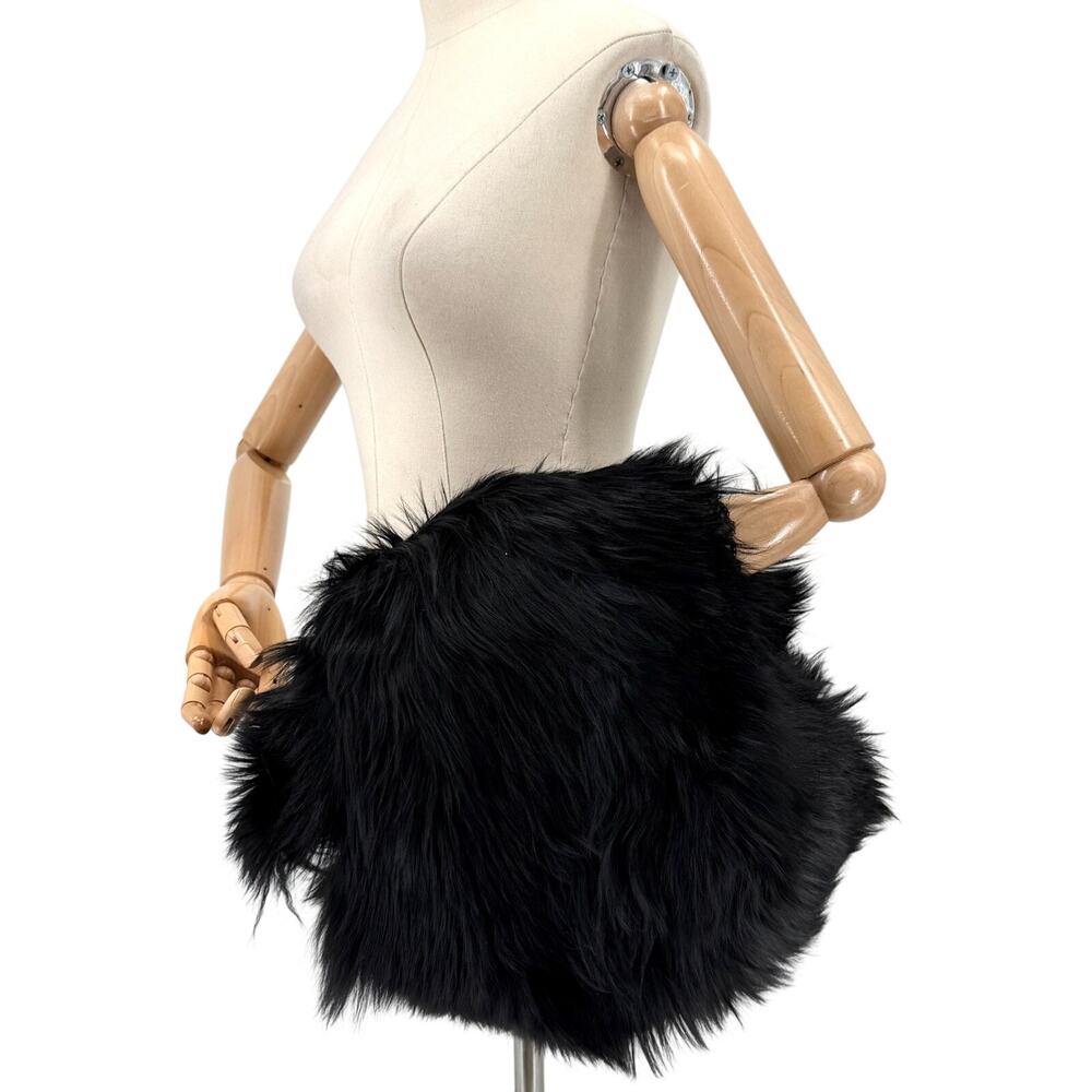 Vintage 70s Black Genuine Goat Fur Long Pile Boho Hand Muff